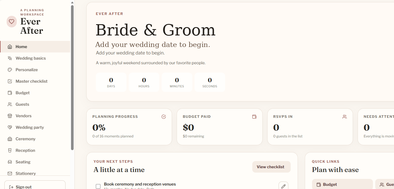 Plan My Ever After wedding planner dashboard